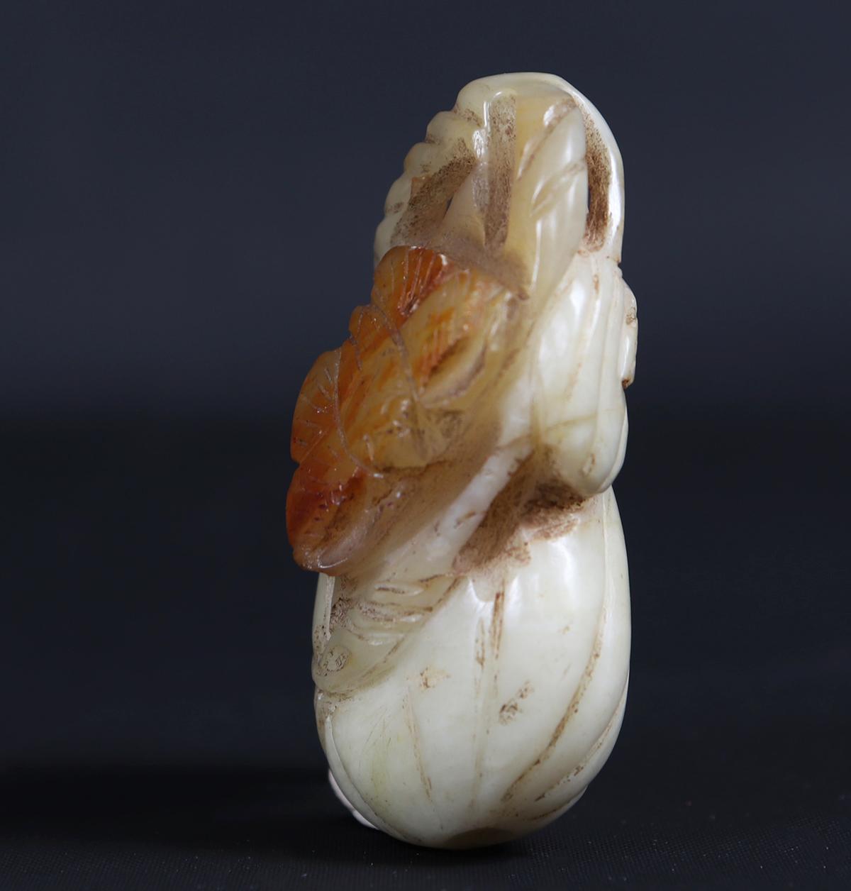 Chinese White & Brown 'Fruit Bat & Gourd' Jade Carving, Qing Dynasty