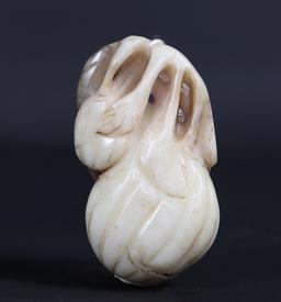 Chinese White & Brown 'Fruit Bat & Gourd' Jade Carving, Qing Dynasty