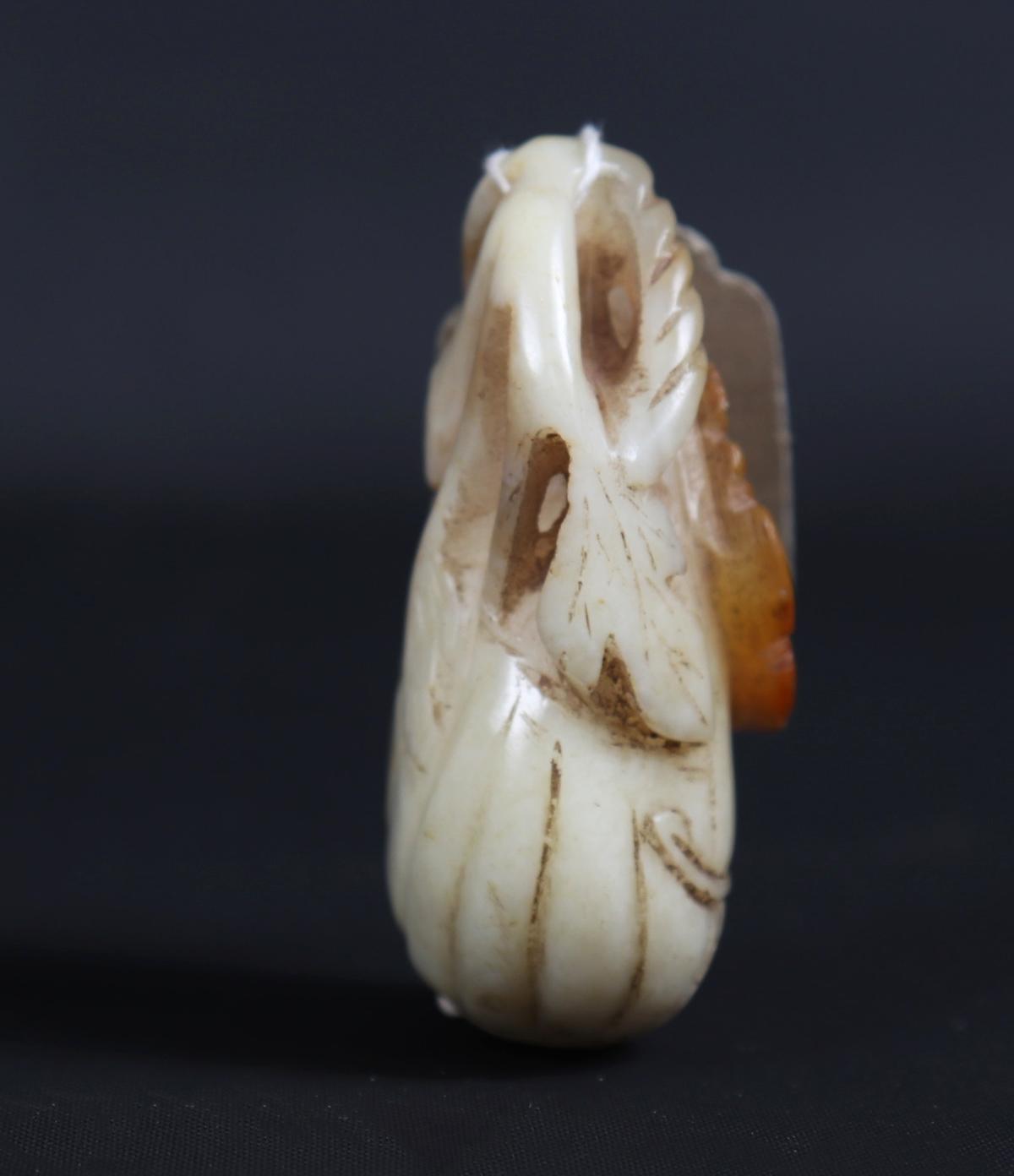 Chinese White & Brown 'Fruit Bat & Gourd' Jade Carving, Qing Dynasty