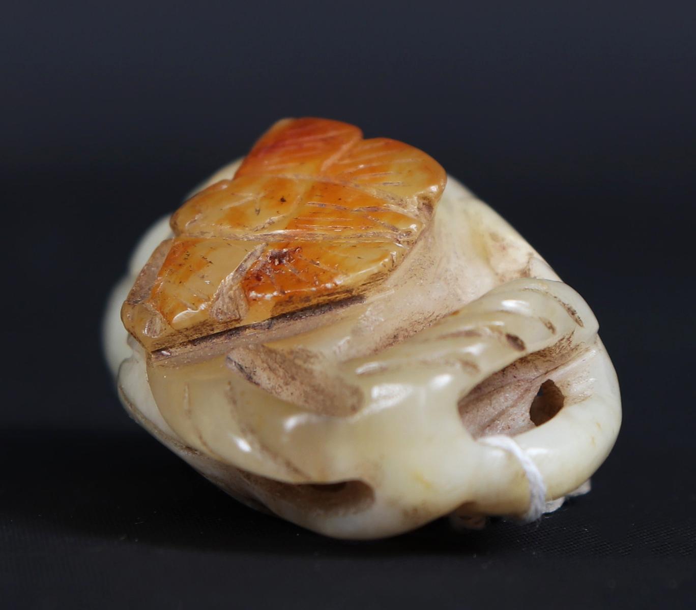 Chinese White & Brown 'Fruit Bat & Gourd' Jade Carving, Qing Dynasty