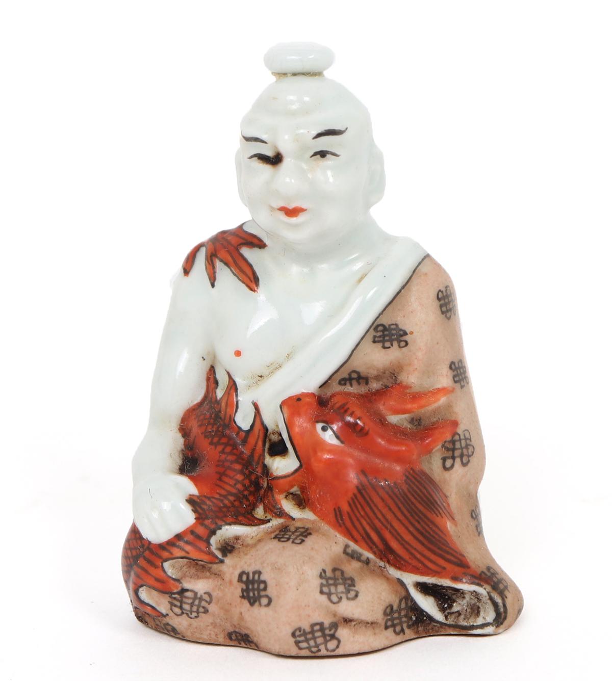 Chinese Porcelain Seated Monk Snuff Bottle w/Dragon