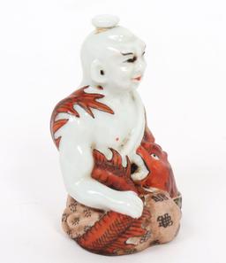 Chinese Porcelain Seated Monk Snuff Bottle w/Dragon