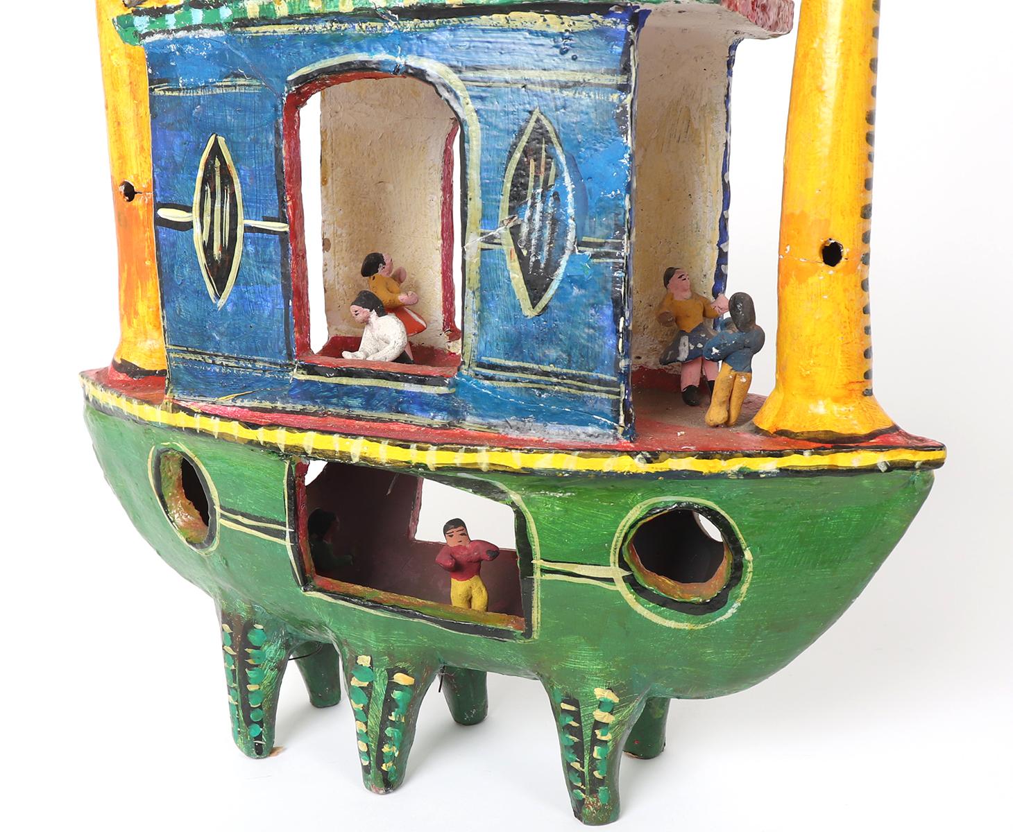 Mexican Folk Art Candelario Medrano Painted Clay Boat