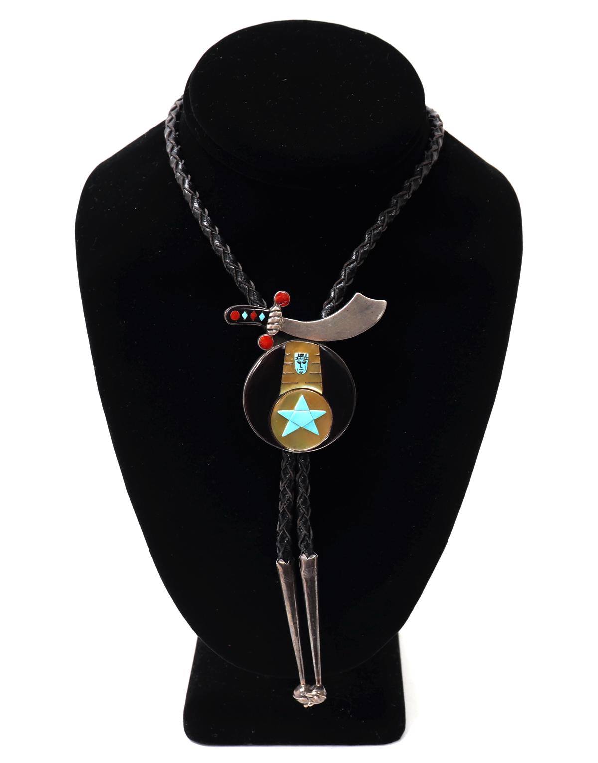 Zuni Handmade Bolo Tie, Turquoise, Jet & Mother of Pearl