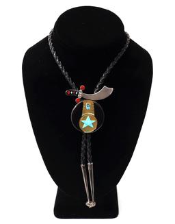 Zuni Handmade Bolo Tie, Turquoise, Jet & Mother of Pearl