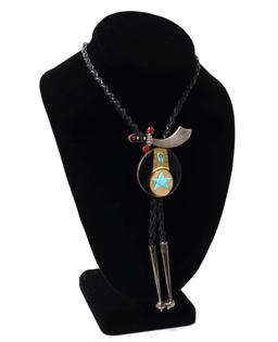 Zuni Handmade Bolo Tie, Turquoise, Jet & Mother of Pearl