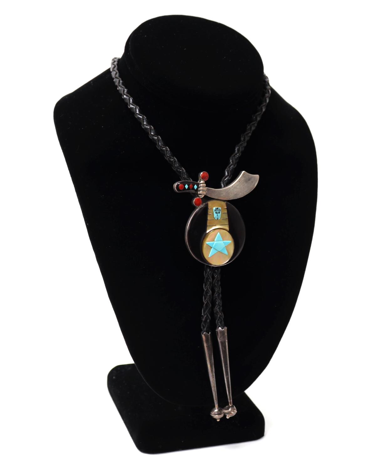 Zuni Handmade Bolo Tie, Turquoise, Jet & Mother of Pearl