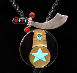 Zuni Handmade Bolo Tie, Turquoise, Jet & Mother of Pearl
