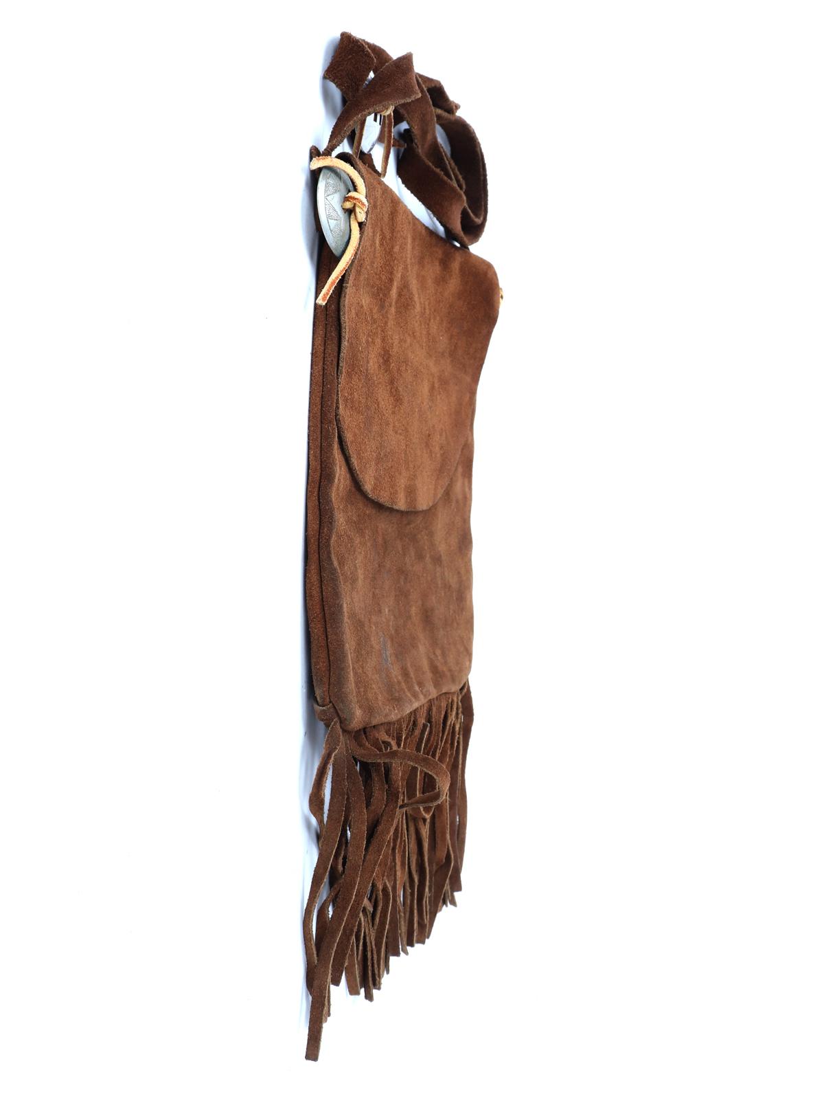 Brown Suede Leather Fringe Bag & Black Powder Horn