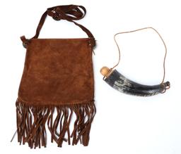 Brown Suede Leather Fringe Bag & Black Powder Horn