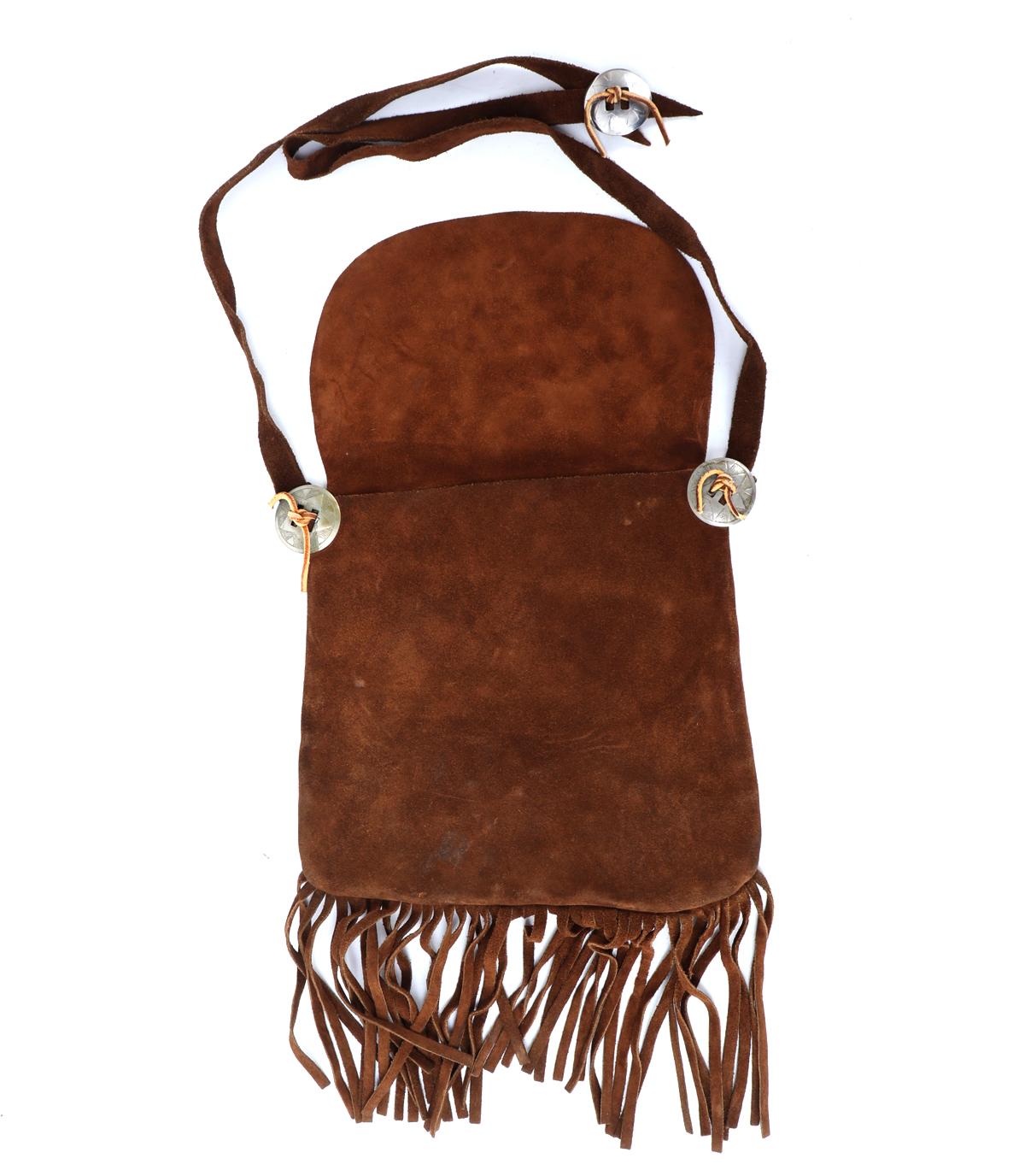 Brown Suede Leather Fringe Bag & Black Powder Horn