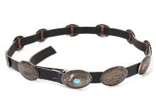 Lovely Native American Leather, Turquoise & Sterling Silver Belt