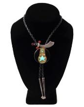 Zuni Handmade Bolo Tie, Turquoise, Jet & Mother of Pearl