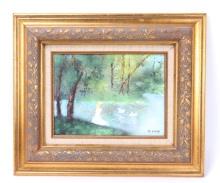 Original Max Karp (1918 - 1999) Enamel on Copper, Girl with Swans