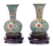 Gorgeous Pair of Miniature Chinese Cloisonne Vases w/Stands