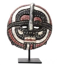 Handsome Polychrome Painted Wood Carved Mask w/Stand