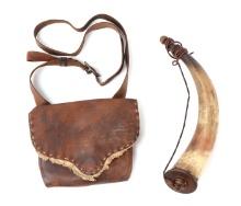 Antique Leather Hunting Bag and Powder Horn Set