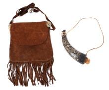 Brown Suede Leather Fringe Bag & Black Powder Horn