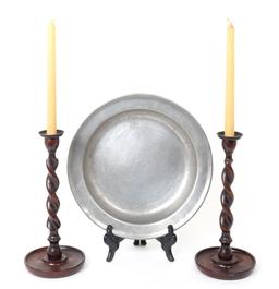 Deep Thomas Danforth II Pewter Plate & Turned Candlesticks