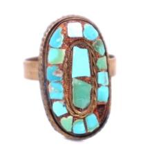 Post Medieval Sino-Tibetan Silver Gilt & Turquoise Inlay Ring