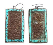 Lovely Indo-Scythian Tribal Brass & Turquoise Earrings, 16-19th century