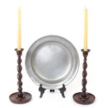 Deep Thomas Danforth II Pewter Plate & Turned Candlesticks