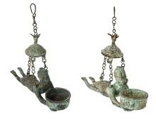 Two Suspended Chinese Bronze Oil Lamps