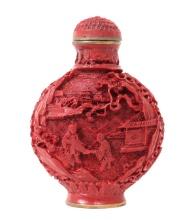 Cinnabar Style Chinese Snuff Bottle, Monks Trading