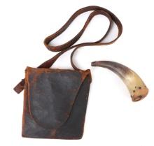 Early 19th Century Leather Shot Pouch and Powder Horn