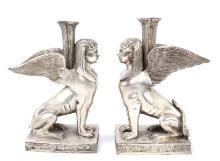 Pair of Silvered Sphynx Candlesticks