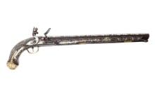 Enormous Ottoman Silver Inlaid Flintlock Cavalry Pistol, circa 1780-1825