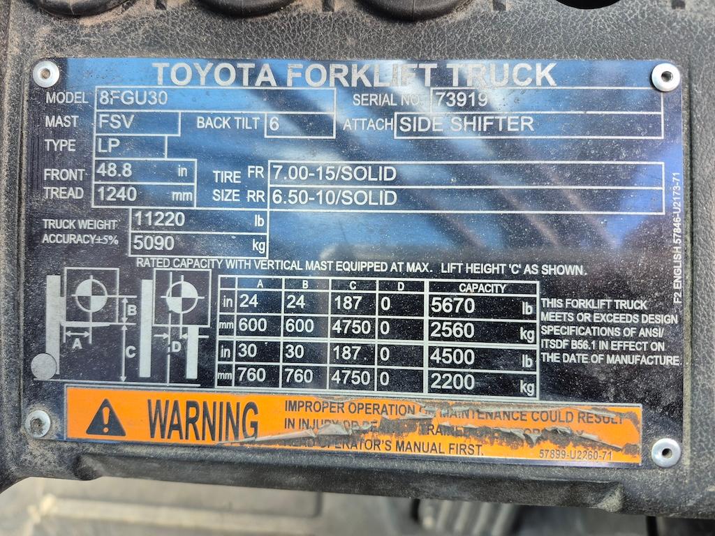 2018 Toyota 8FGU30 6,000lb Forklift