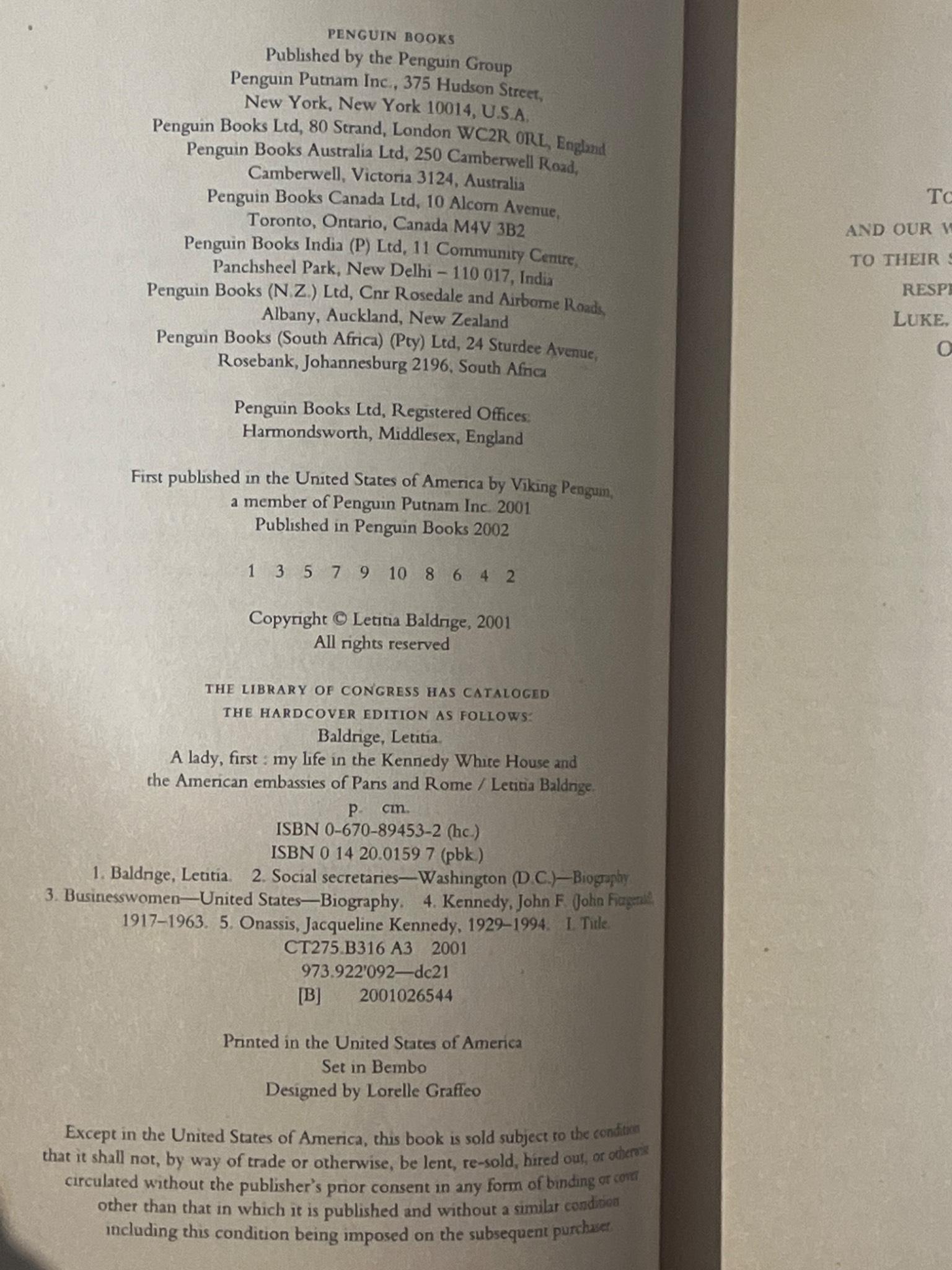 A Lady, First by Letitia Baldrige Hardcover (2001)