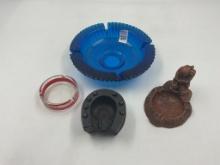 Large mcm blue ribbed glass - resin indian - wood horseshoe - riviera
