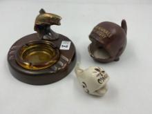 1 - 3 inch amber glass ashtray with holder and fish 2 - ceramic crab ashtrays