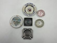 6 ashtrays -  1 -4in metal farmall R L carriers , 1 -2in glass souix motel, 2 6in porcelain dietze's