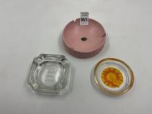 3 ashtrays - 6in pink pottery 1 - 4in torremolinos, 1- 4in somerset inn
