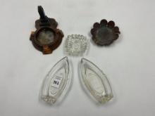 5 misc - vintage coins  - metal building - 2 glass boats