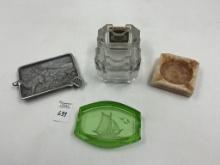 4 misc - 1960s green sailing boat - aztec marble - mcm glass match book holder tray - vintage metal