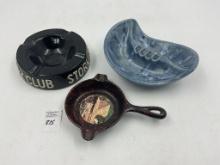 mcm stork club - blue pottery - cast iron skillet