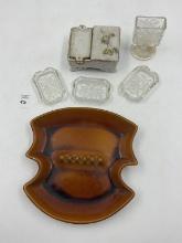Mcm usa #8005 brown pottery - embossed rose flowers ashtray set - porcelain floral ashtray set