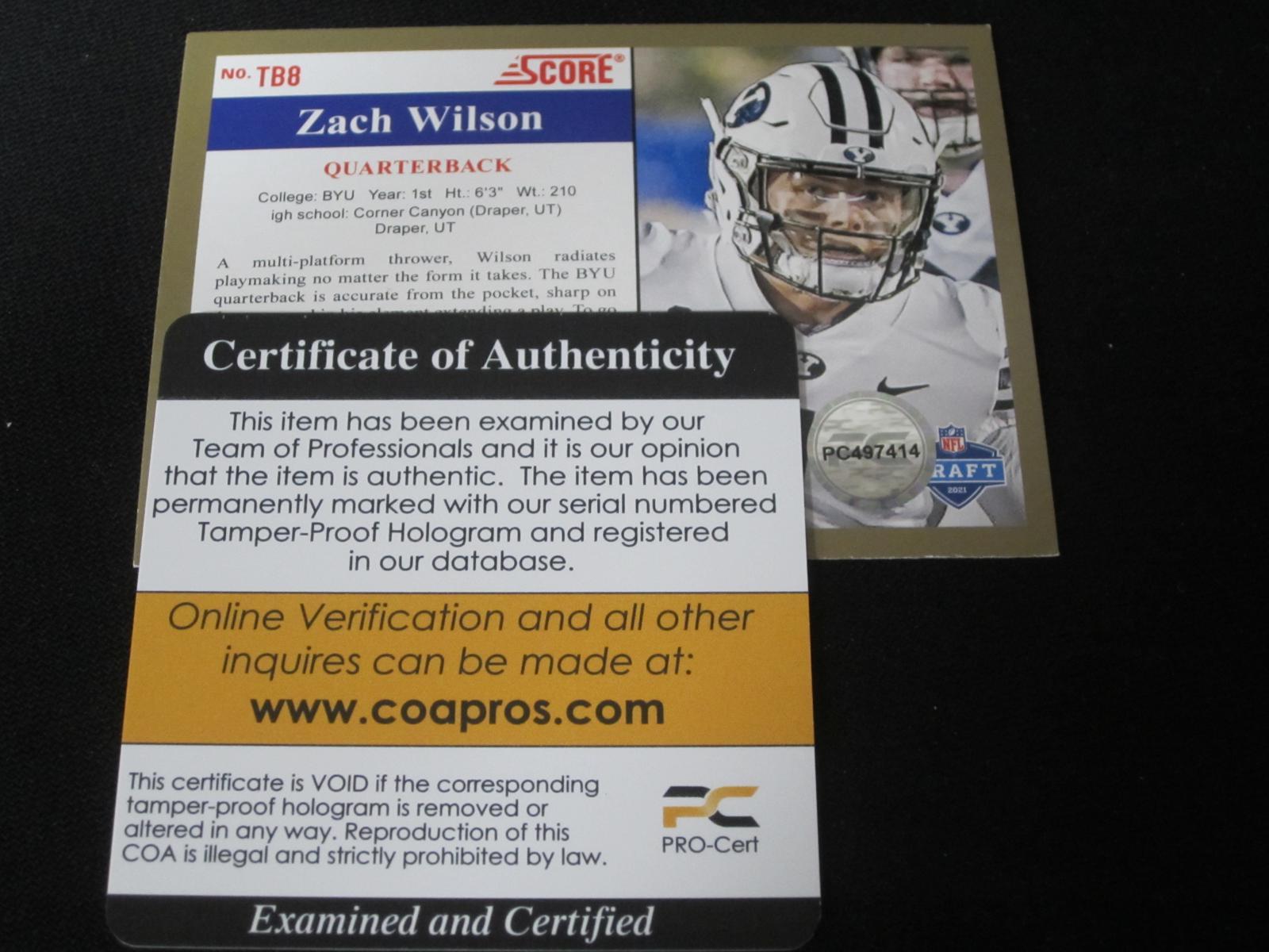 2021 SCORE ZACH WILSON AUTOGRAPHED RC COA