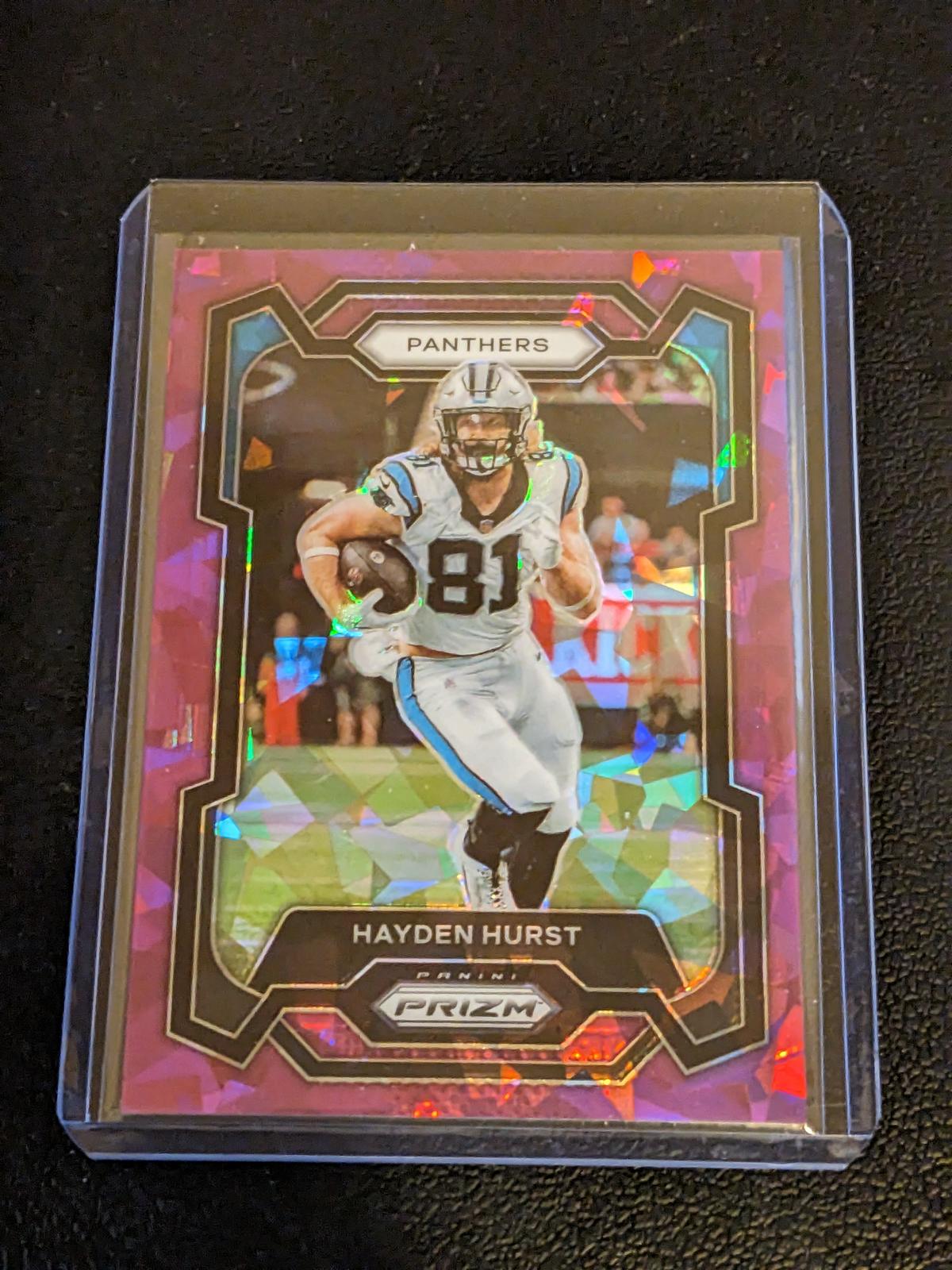 012/225 SP 2023 Panini Prizm Hayden Hurst #42 Purple Ice Prizm /225 Carolina Panthers