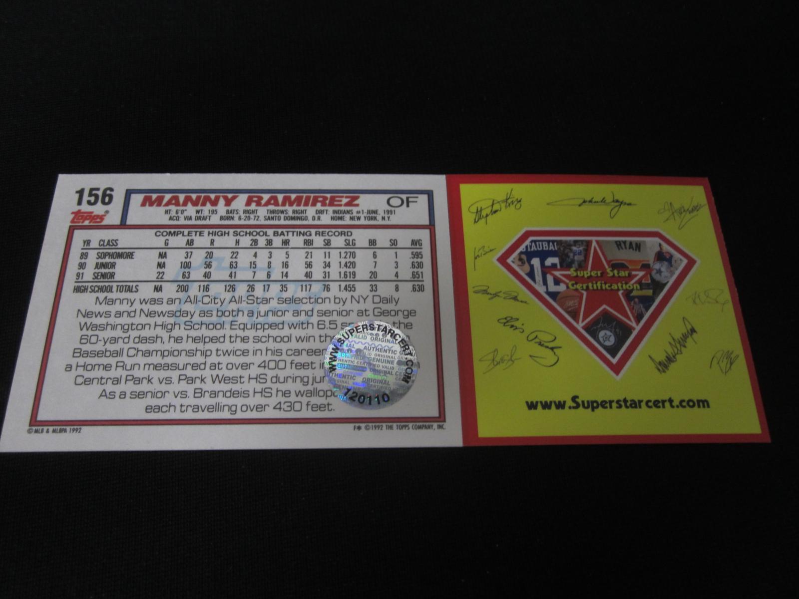 1992 TOPPS MANNY RAMIREZ AUTOGRAPH RC COA