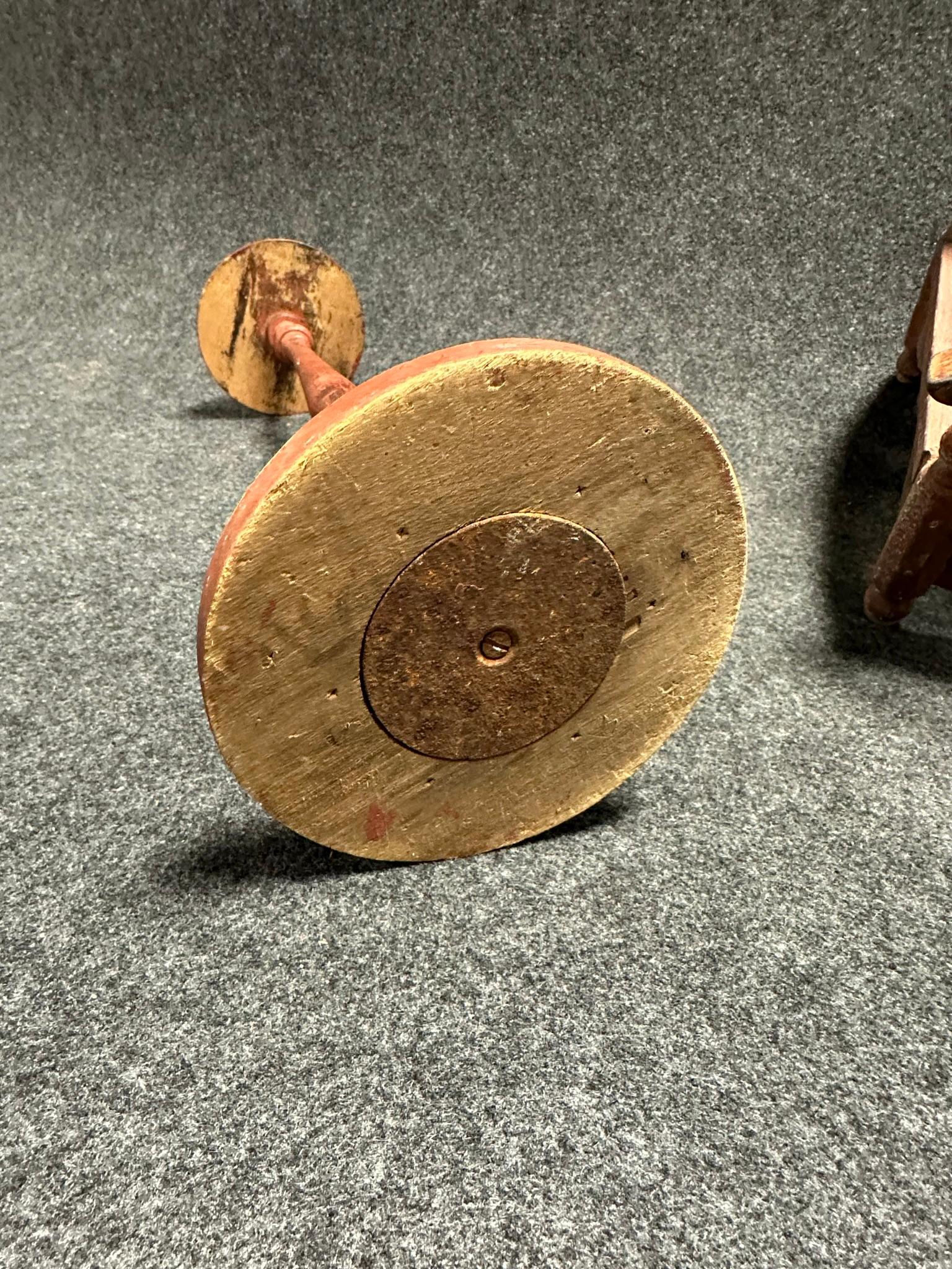 Pair Wooden Objects Circa 1920s Wooden Haberdashery Red Painted Hat Stand  Unknown Painted Childs Do