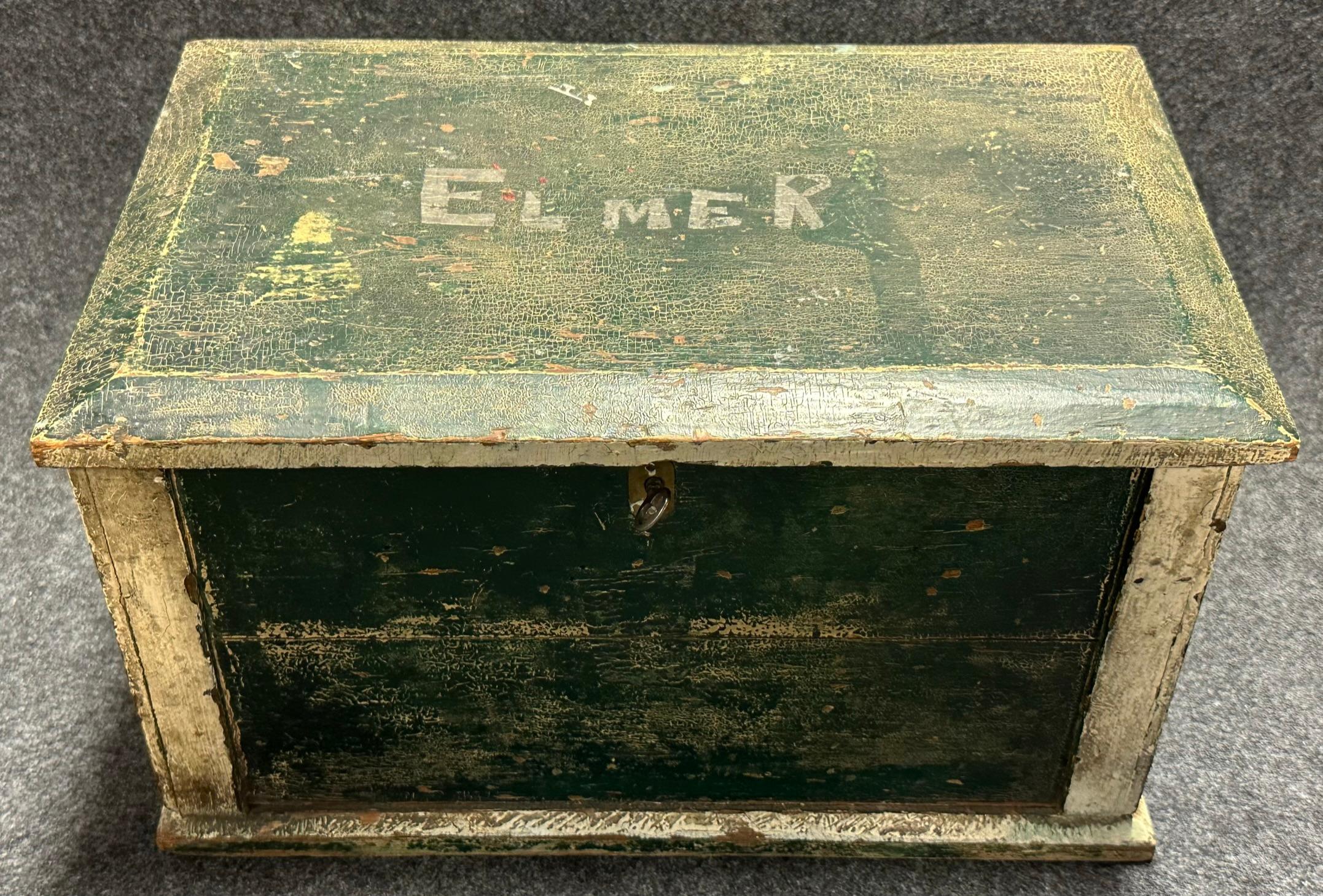 Antique Folk Art Green  White Painted Locking Document Box by Elmer