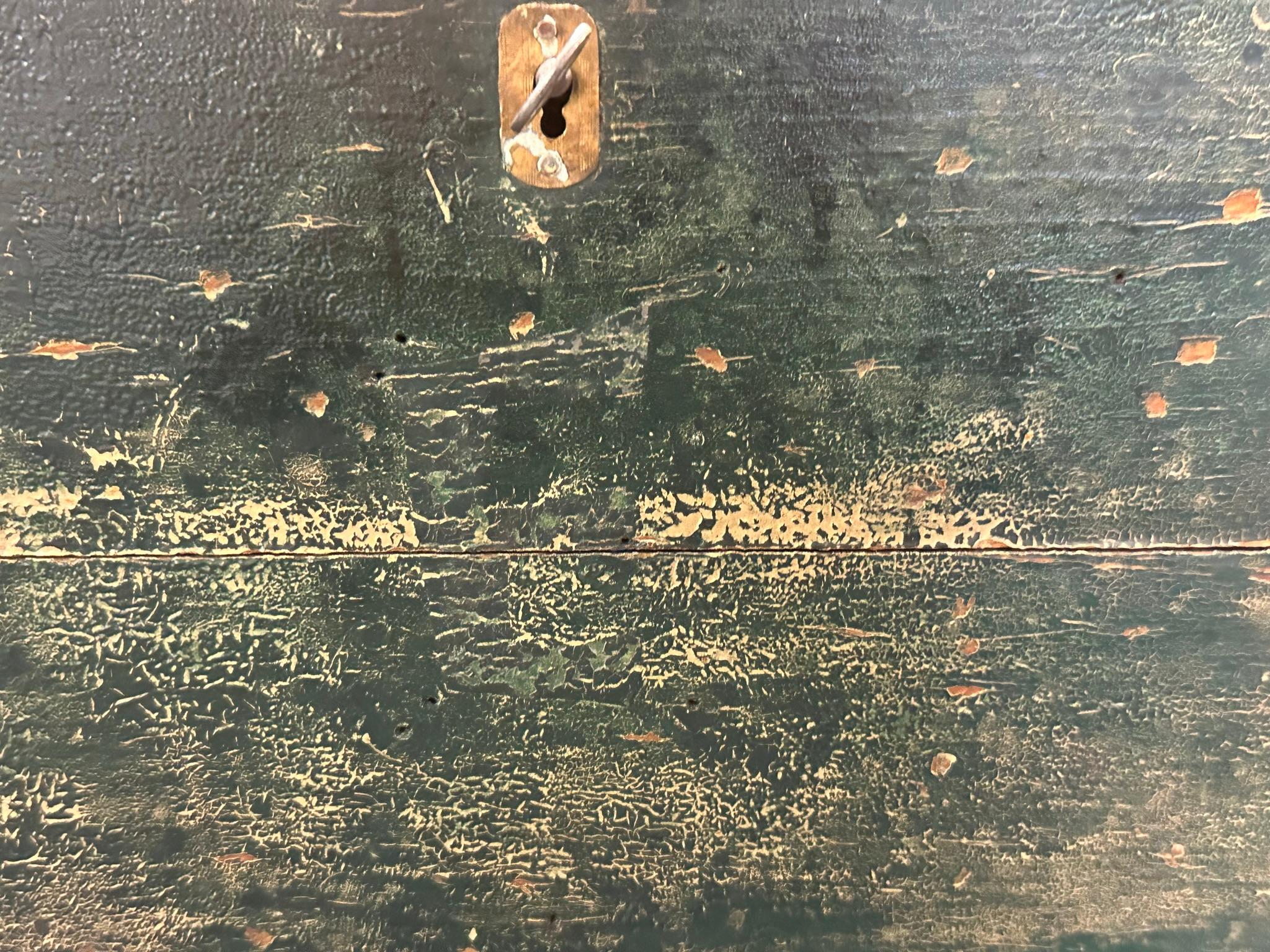 Antique Folk Art Green  White Painted Locking Document Box by Elmer