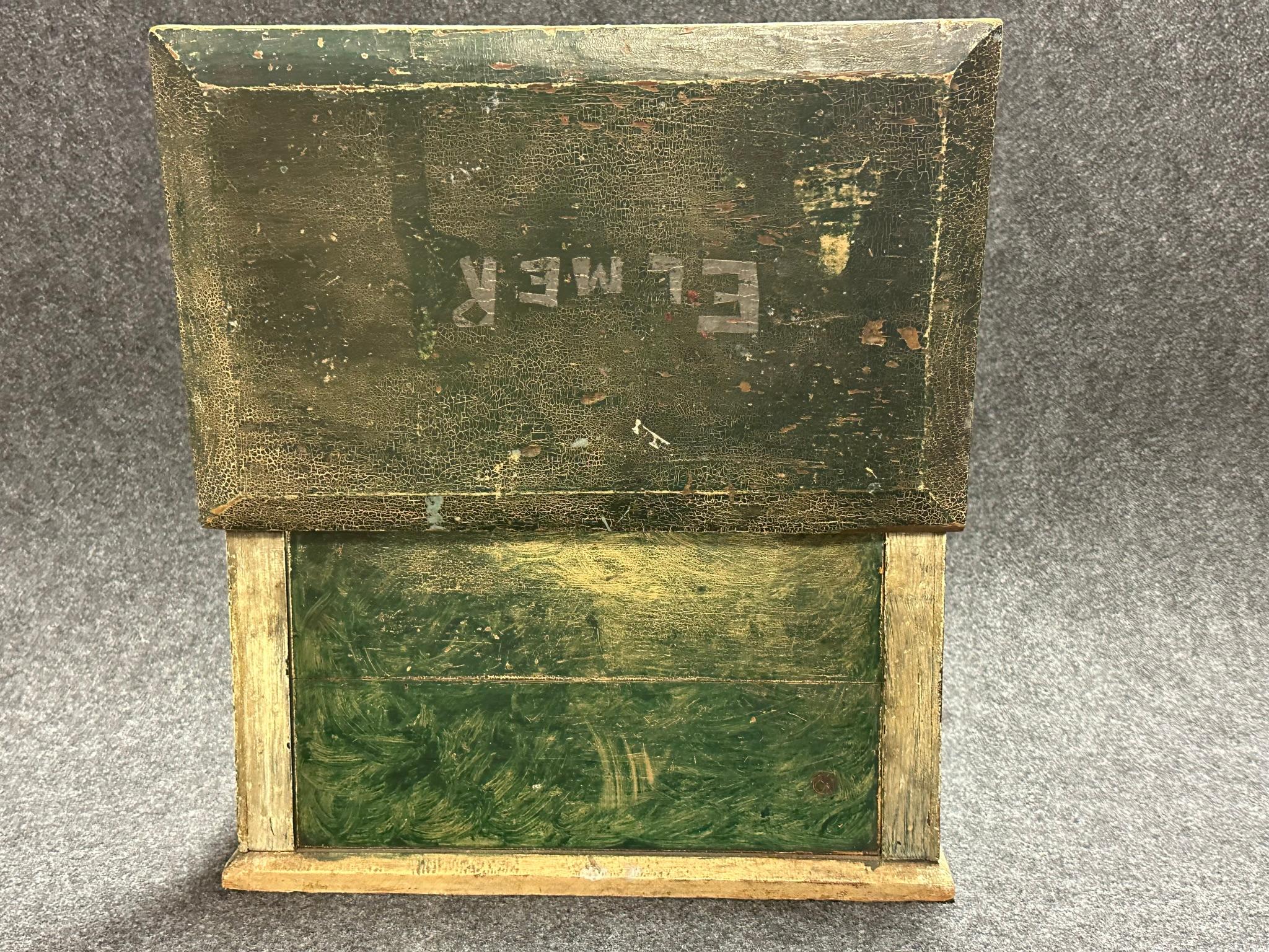 Antique Folk Art Green  White Painted Locking Document Box by Elmer