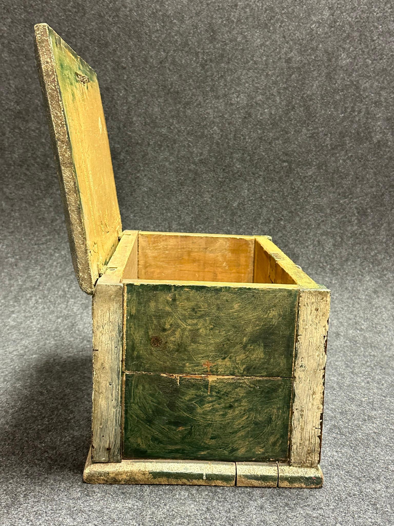 Antique Folk Art Green  White Painted Locking Document Box by Elmer