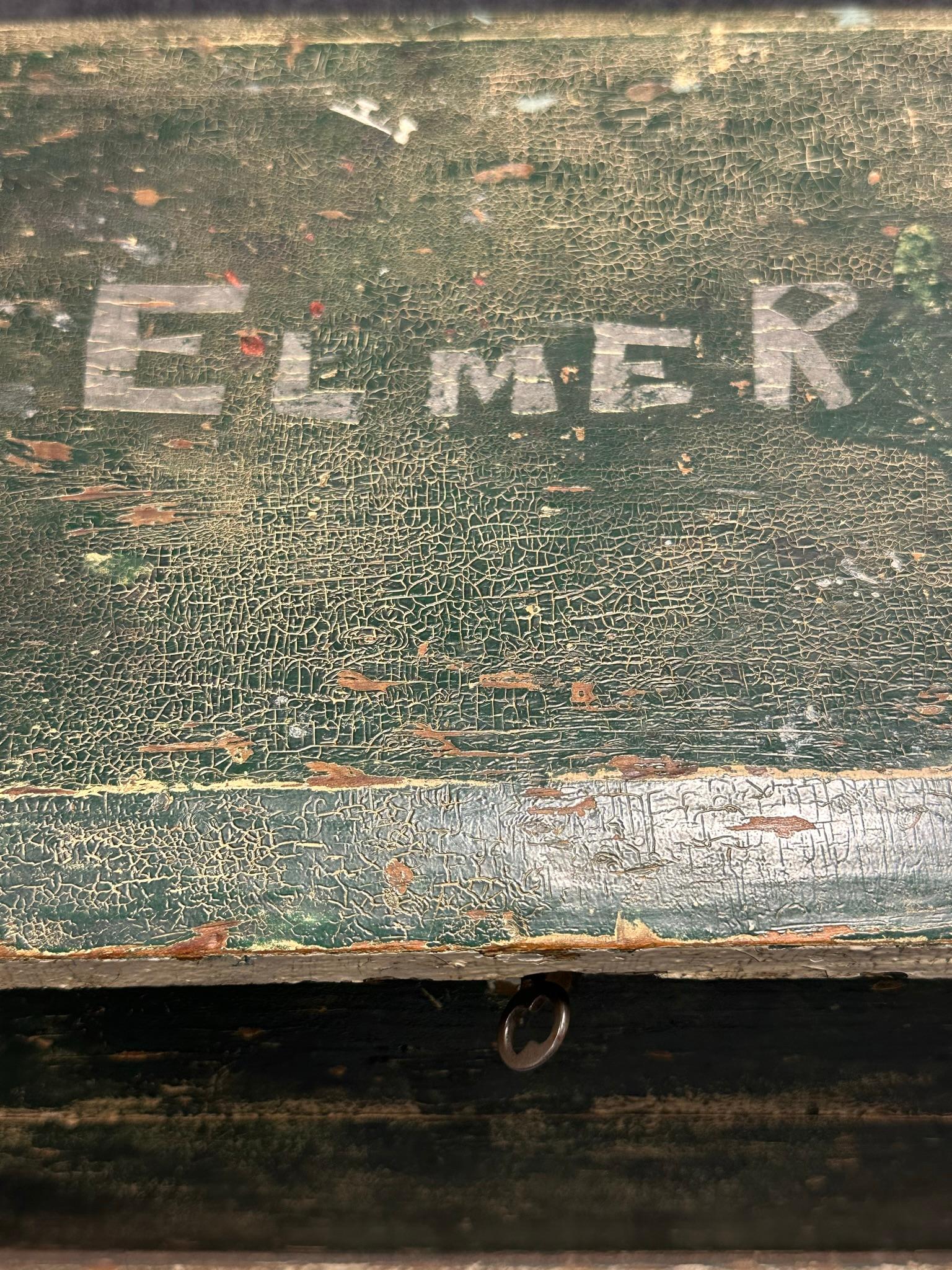 Antique Folk Art Green  White Painted Locking Document Box by Elmer